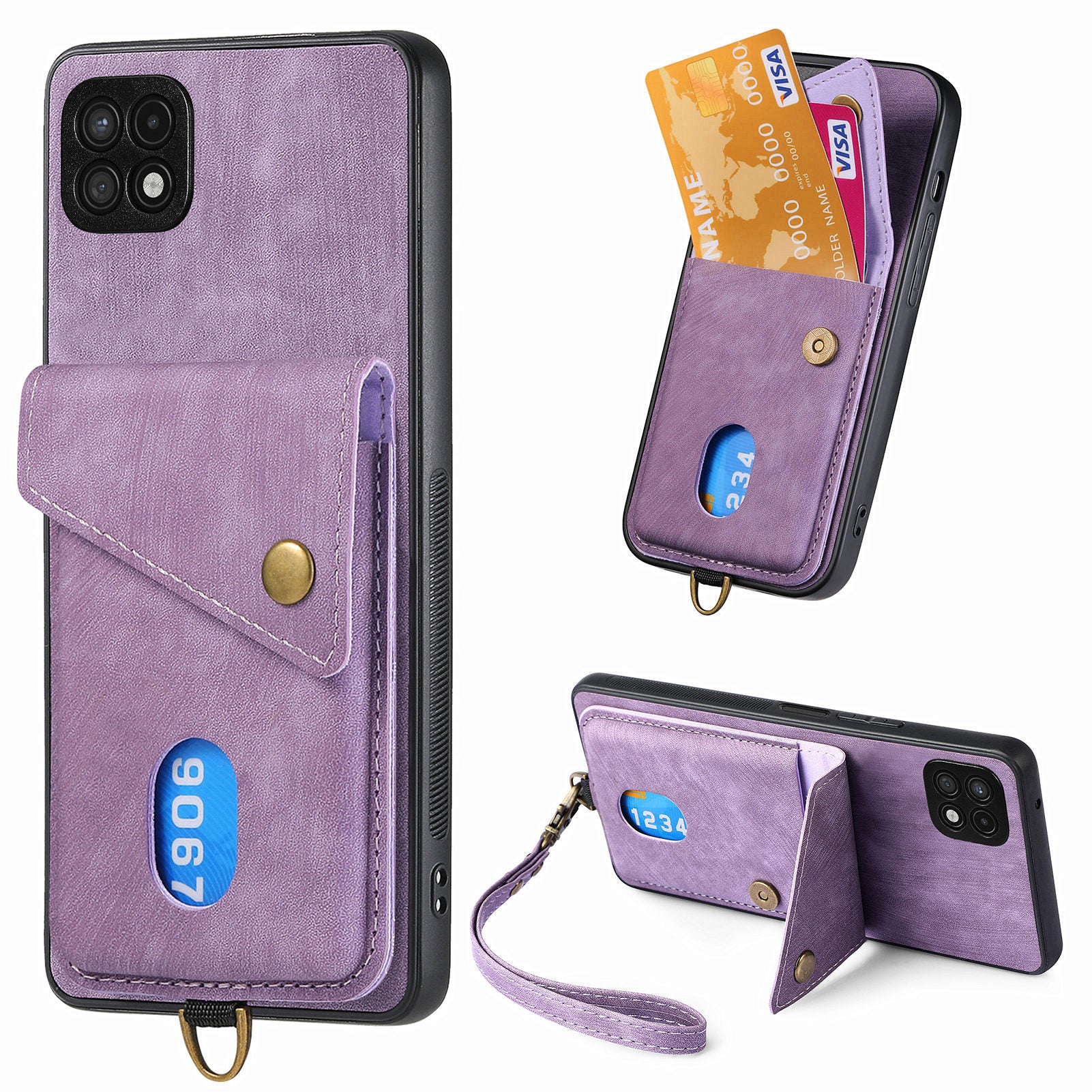 For Samsung Galaxy A22 5G (EU Version) Phone Case Leather Coated PC TPU Card Holder Kickstand Cover For Samsung Galaxy A22 5G (EU Version) Phone Case Leather Coated PC TPU Card Holder Kickstand Cover